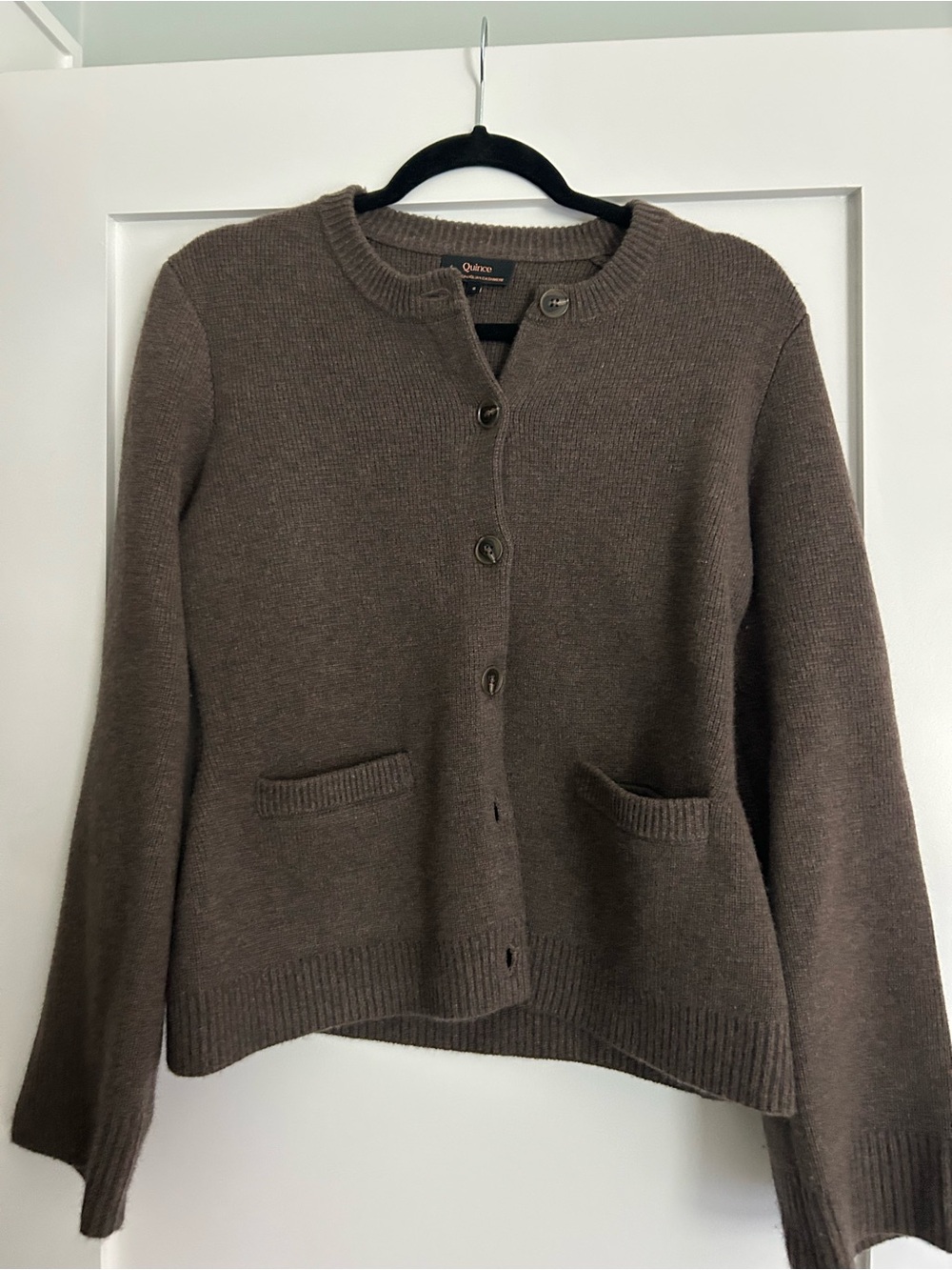 Quince Women's Dark Brown Button-Front Crewneck Cardigan